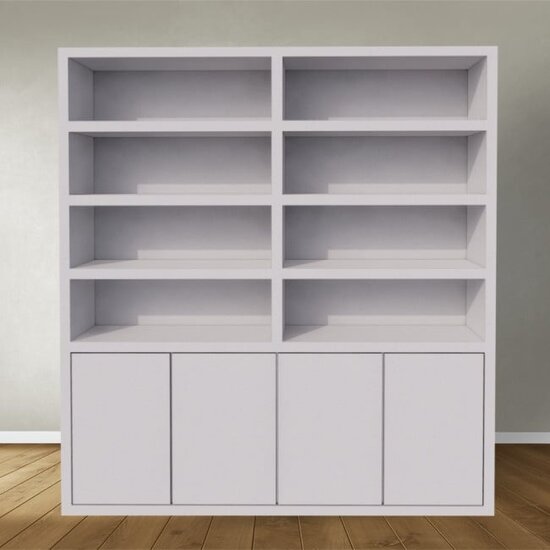 123schrank Bücherregal / Regalschrank Stellenbosch - 200x40x220H cm - schlankes Design - 4 grifflose Türen - offene Regale