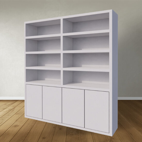 123schrank Bücherregal / Regalschrank Stellenbosch - 200x40x220H cm - schlankes Design - 4 grifflose Türen - offene Regale