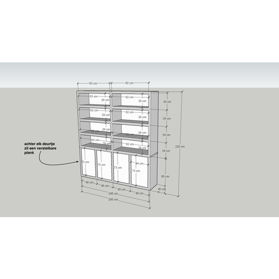 123schrank Bücherregal / Regalschrank Stellenbosch - 200x40x220H cm - schlankes Design - 4 grifflose Türen - offene Regale