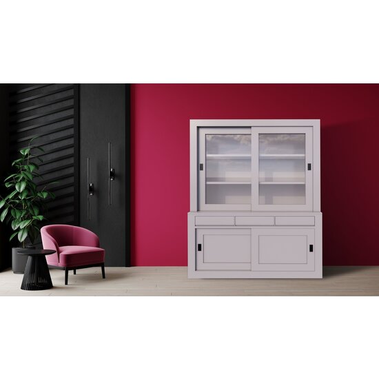 123schrank Buffetschrank Lyon - 180x40/50x225H cm - schlankes Design - 4 Schiebetüren - 3 grifflose Schubladen