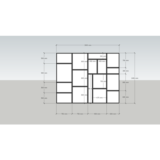 123schrank Sideboard Granada - 300x35x240H cm - offene Regale - schlankes Design - Hängeschrank - 5cm Bodenstärke