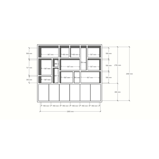 123schrank Madrid Regal - 280x40x240H cm - 5cm Fachbodenstärke - schlankes Design - 6 grifflose Push-to-Open-Türen - offene Regale