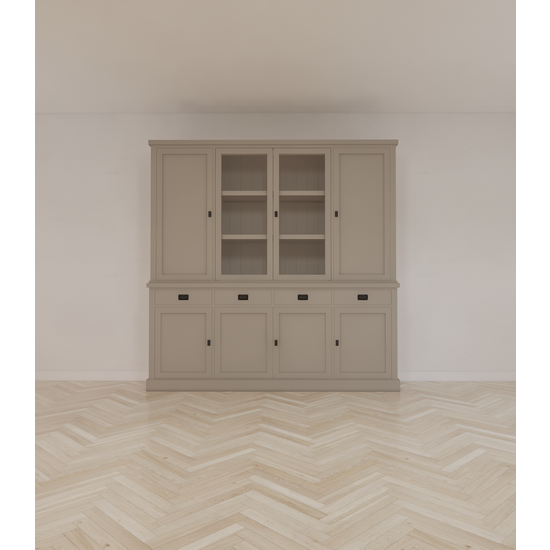 123schrank Buffetschrank Vancouver - 220x45x220H cm - 2 geschlossene Türen im Oberschrank - 2 Vitrinentüren - 4 Soft-Close-Schubladen - 4 geschlossene Türen im Unterschrank