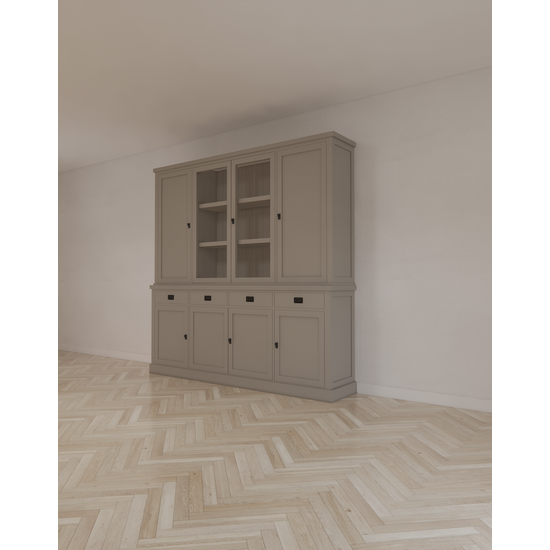123schrank Buffetschrank Vancouver - 220x45x220H cm - 2 geschlossene Türen im Oberschrank - 2 Vitrinentüren - 4 Soft-Close-Schubladen - 4 geschlossene Türen im Unterschrank