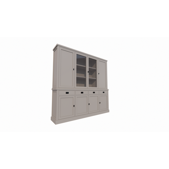 123schrank Buffetschrank Vancouver - 220x45x220H cm - 2 geschlossene Türen im Oberschrank - 2 Vitrinentüren - 4 Soft-Close-Schubladen - 4 geschlossene Türen im Unterschrank