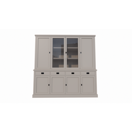 123schrank Buffetschrank Vancouver - 220x45x220H cm - 2 geschlossene Türen im Oberschrank - 2 Vitrinentüren - 4 Soft-Close-Schubladen - 4 geschlossene Türen im Unterschrank