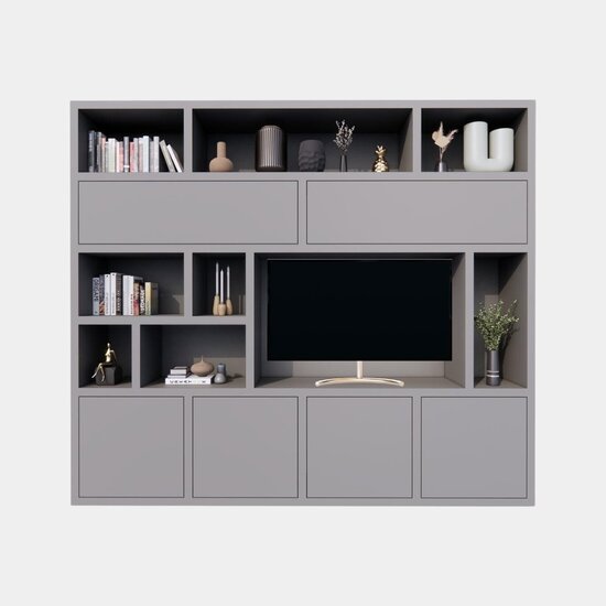 123schrank TV-Schrank Girona - 275x40x240H cm - offene Fächer im oberen Schrank und 2 Klapptüren - 4 grifflose Türen im unteren Schrank - Cinewall - TV-Fach