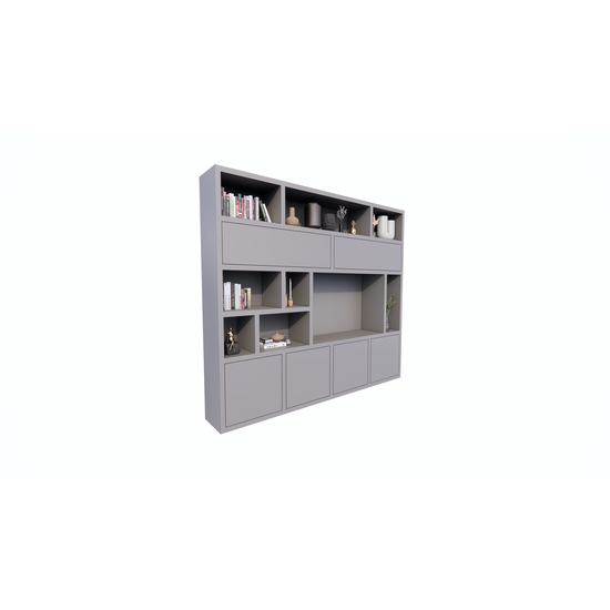 123schrank TV-Schrank Girona - 275x40x240H cm - offene Fächer im oberen Schrank und 2 Klapptüren - 4 grifflose Türen im unteren Schrank - Cinewall - TV-Fach