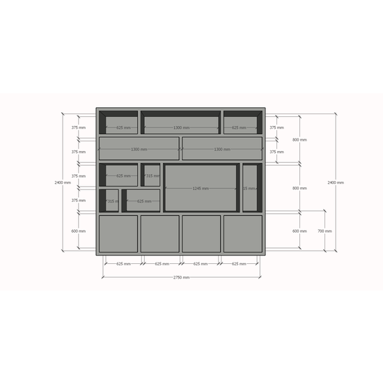 123schrank TV-Schrank Girona - 275x40x240H cm - offene Fächer im oberen Schrank und 2 Klapptüren - 4 grifflose Türen im unteren Schrank - Cinewall - TV-Fach
