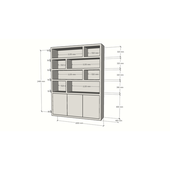 123schrank Manhattan 11 Regal - 180x40x240H cm - dichtes Design - offene Regale - 3 grifflose Push-to-Open-Türen - 5cm Fachbodenstärke