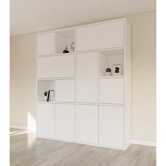 123schrank Schrank mit Norwich-Fächern - 210x40x235H cm - 5 cm Fachbodenstärke - geschlossene Push-to-Open-Türen und offene Fachböden im Oberschrank - schlankes Design