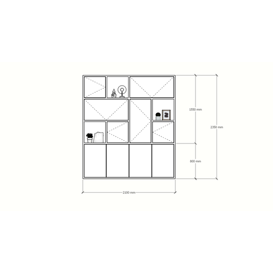 123schrank Schrank mit Norwich-Fächern - 210x40x235H cm - 5 cm Fachbodenstärke - geschlossene Push-to-Open-Türen und offene Fachböden im Oberschrank - schlankes Design