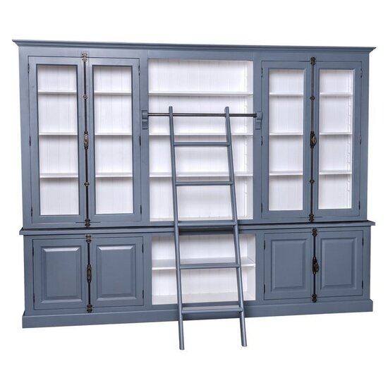 123schrank Bücherregal - Englische Bibliothek - 300x50x230H cm - mit Leiter - mit Glastüren - Drehstangenverschluss