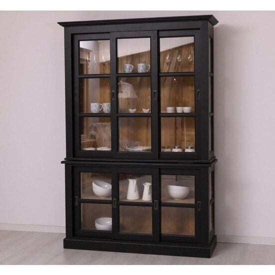 123schrank Glasvitrine Apeldoorn - 150x47x220H - Ober- und Unterschrank mit Glasschiebetüren - Eichenrückwand - Glasseiten