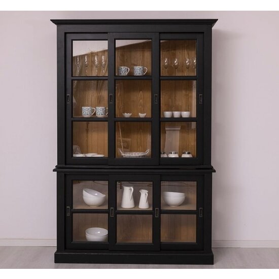 123schrank Glasvitrine Apeldoorn - 150x47x220H - Ober- und Unterschrank mit Glasschiebetüren - Eichenrückwand - Glasseiten