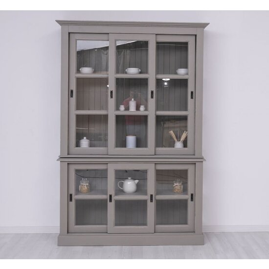 123schrank Glasvitrine Apeldoorn - 150x47x220H - Ober- und Unterschrank mit Glasschiebetüren - Eichenrückwand - Glasseiten