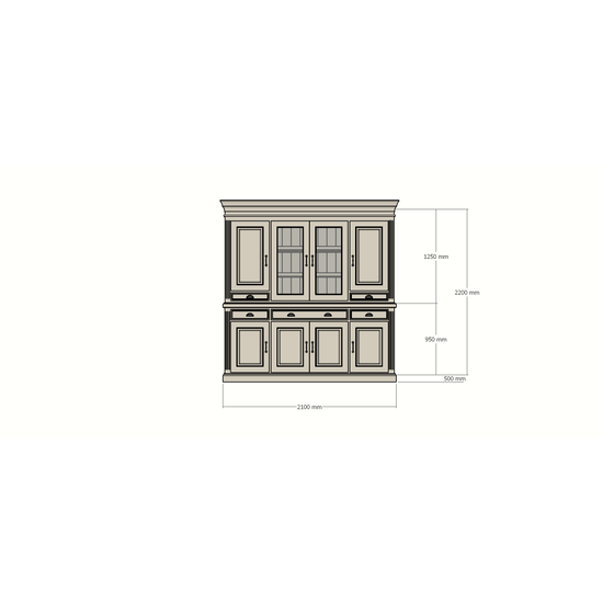 123schrank Buffetschrank Bloemendaal - 210x50x220H cm - geschlossene Türen und Vitrinendrehtüren im Oberschrank - 5 Soft-Close-Schubladen