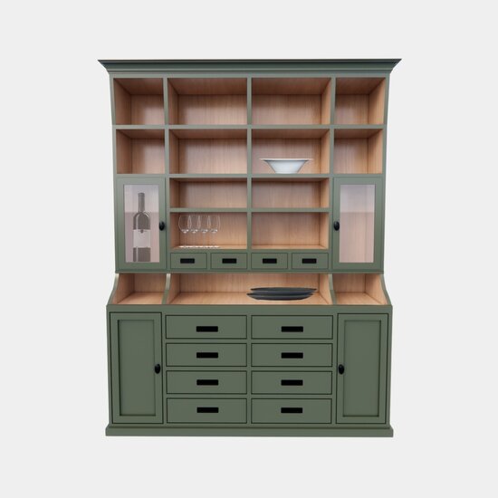 123schrank Buffetschrank Korfu - 200x40x240H cm - Innenausstattung aus Kiefernholz - 12 Schubladen mit Soft Close - 2 Vitrinentüren - 2 geschlossene Türen - offene Fächer