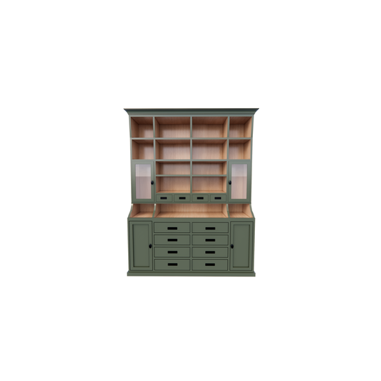 123schrank Buffetschrank Korfu - 200x40x240H cm - Innenausstattung aus Kiefernholz - 12 Schubladen mit Soft Close - 2 Vitrinentüren - 2 geschlossene Türen - offene Fächer
