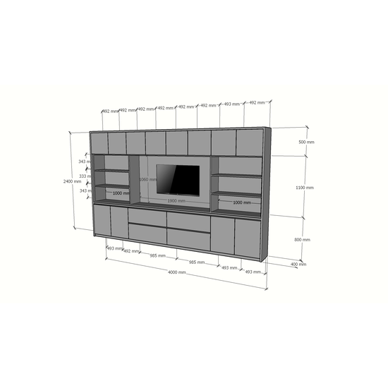 123schrank TV-Fachschrank/TV-Schrank Winterberg - 400x40x240H cm - Cinewall - TV-Fach - mit Schiebetüren - 12 Push-to-open-Türen - 4 grifflose Soft-Close-Schubladen - schlankes Design - zerlegbar - 5cm Fachbodenstärke