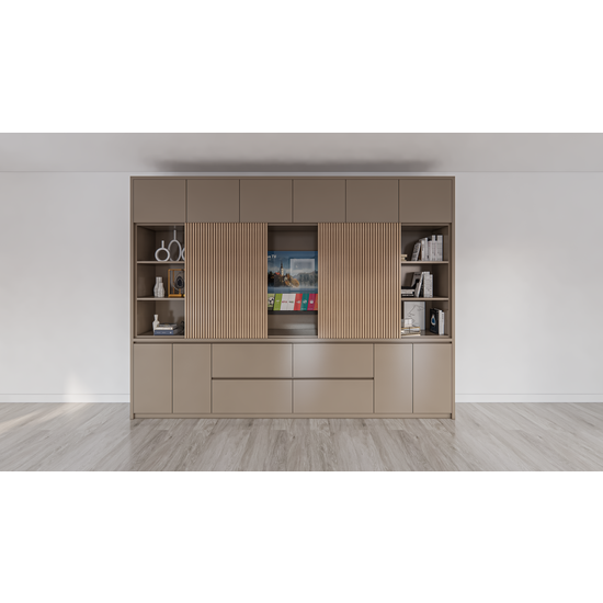 123schrank Kleiderschrank/TV-Schrank Winterberg 2 - 320x40x240H cm - TV-Fach - Cinewall - Schiebepaneele aus Eiche - offene Einlegeböden - 4 grifflose Schubladen - 6 Push-to-open-Türen - 4 grifflose Türen - schlichtes Design