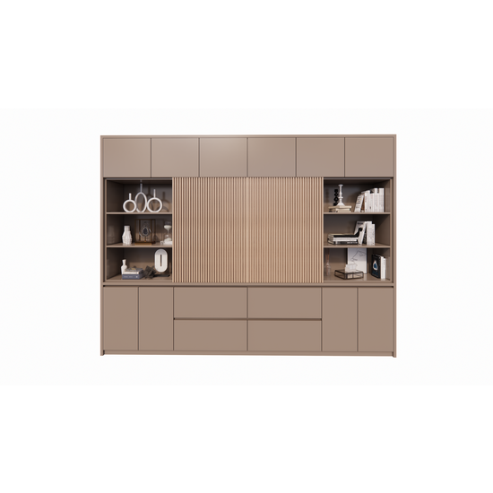 123schrank Kleiderschrank/TV-Schrank Winterberg 2 - 320x40x240H cm - TV-Fach - Cinewall - Schiebepaneele aus Eiche - offene Einlegeböden - 4 grifflose Schubladen - 6 Push-to-open-Türen - 4 grifflose Türen - schlichtes Design