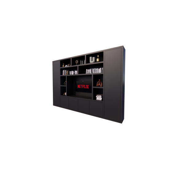 123schrank TV-Fachschrank Austin - 350x40x240H cm - offene Fächer - 6 grifflose geschlossene Türen - TV-Fach - Cinewall - schlankes Design