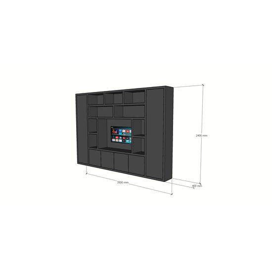 123schrank TV-Fachschrank Austin - 350x40x240H cm - offene Fächer - 6 grifflose geschlossene Türen - TV-Fach - Cinewall - schlankes Design