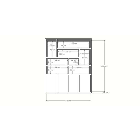 123schrank Paloma Regal - 200x35x235H cm - schlankes Design - offene Regale - 4 grifflose Push-to-Open-Türen - 4cm Bodenstärke
