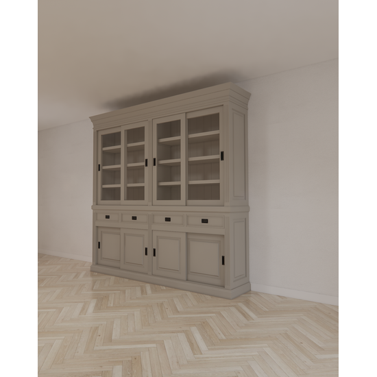 123schrank Buffetschrank Bari - 240x50x240H cm - mittlerer Rahmen aus Eiche - oberer Rahmen aus Eiche - 4 Schiebetüren in der Vitrine - 4 geschlossene Schiebetüren - 4 Schubladen mit Soft Close