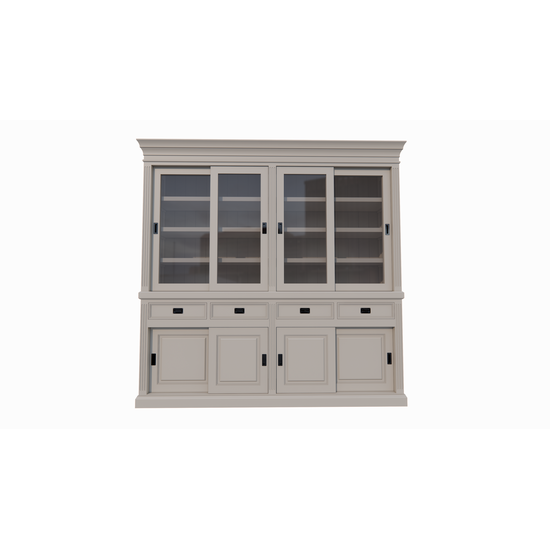 123schrank Buffetschrank Bari - 240x50x240H cm - mittlerer Rahmen aus Eiche - oberer Rahmen aus Eiche - 4 Schiebetüren in der Vitrine - 4 geschlossene Schiebetüren - 4 Schubladen mit Soft Close