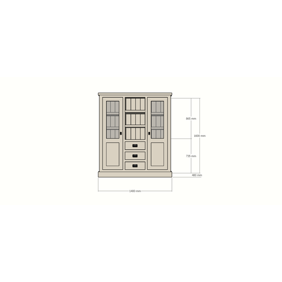 123schrank Buffetschrank Barletta - 140x48x160H cm - Dienstmädchenschrank - 2 Schranktüren - offener Mittelraum - 3 Soft-Close-Schubladen
