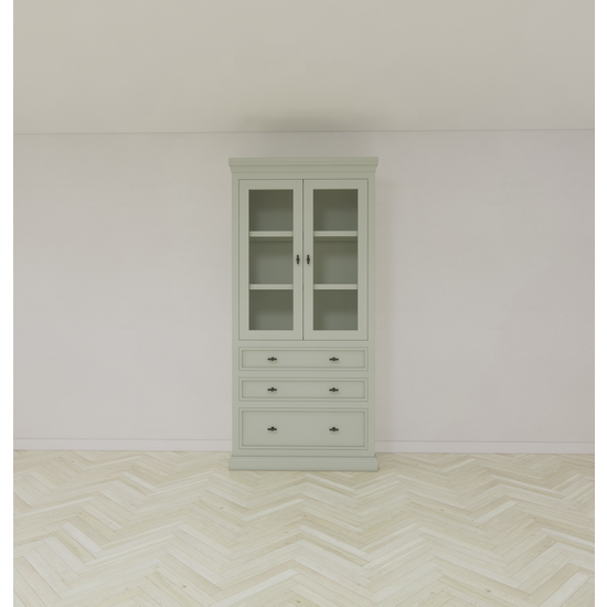 123schrank Vitrine/Schubladenschrank Foggia 01 - 107x48x225H cm - 2 Schranktüren - 3 breite Soft-Close-Schubladen - rustikaler/klassischer Dekorrahmen