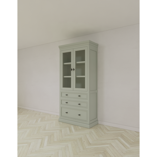 123schrank Vitrine/Schubladenschrank Foggia 01 - 107x48x225H cm - 2 Schranktüren - 3 breite Soft-Close-Schubladen - rustikaler/klassischer Dekorrahmen