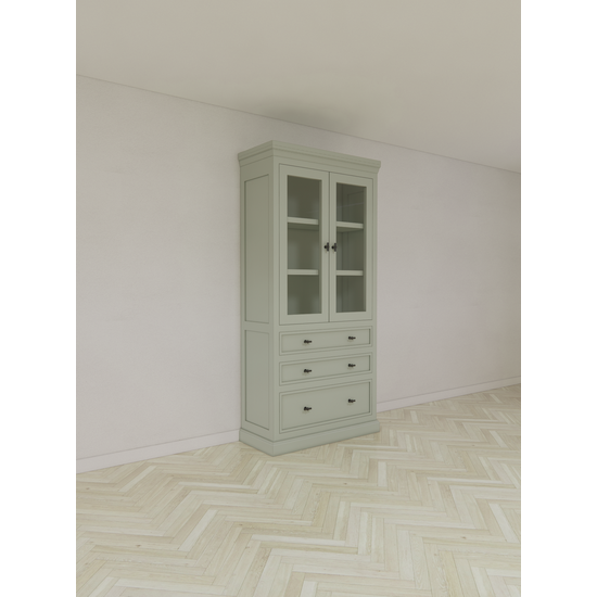 123schrank Vitrine/Schubladenschrank Foggia 01 - 107x48x225H cm - 2 Schranktüren - 3 breite Soft-Close-Schubladen - rustikaler/klassischer Dekorrahmen