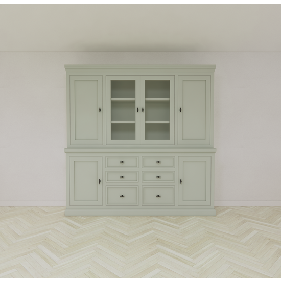 123schrank Buffetschrank Foggia 05- 225x48x225H cm - 2 geschlossene Türen im oberen Schrank - 2 Vitrinentüren - 4 geschlossene Türen im unteren Schrank - 6 Soft-Close-Schubladen - rustikaler/klassischer Dekorrahmen