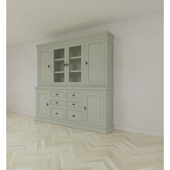 123schrank Buffetschrank Foggia 05- 225x48x225H cm - 2 geschlossene Türen im oberen Schrank - 2 Vitrinentüren - 4 geschlossene Türen im unteren Schrank - 6 Soft-Close-Schubladen - rustikaler/klassischer Dekorrahmen