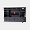 123schrank Bücherregal Französische Bibliothek - 400x46/55x240H cm - zerlegbar - mit Stange und Leiter - verstellbare Einlegeböden - oberer Boden flacher als unterer Boden - Landhausstil - mit TV-Fach / Kinowand