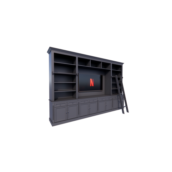 123schrank Bücherregal Französische Bibliothek - 400x46/55x240H cm - zerlegbar - mit Stange und Leiter - verstellbare Einlegeböden - oberer Boden flacher als unterer Boden - Landhausstil - mit TV-Fach / Kinowand