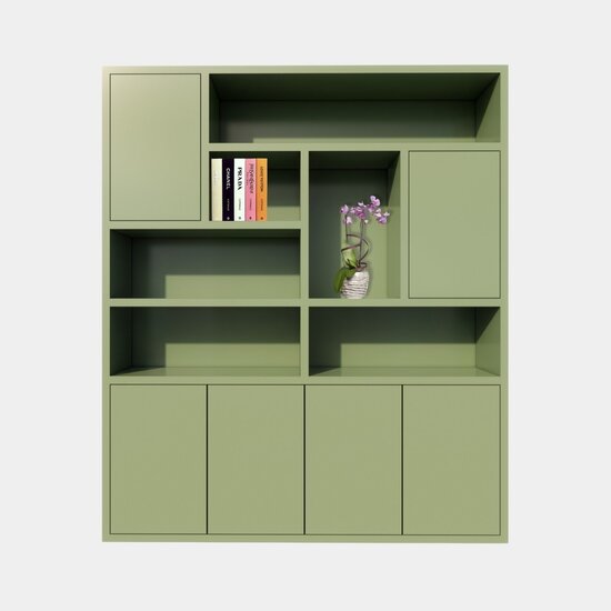 123schrank Pamploma Fächerschrank - 200x35x235H cm - 4cm Fachbodenstärke - schlankes Design - grifflose Türen im Oberschrank - offene Fächer - push to open Türen