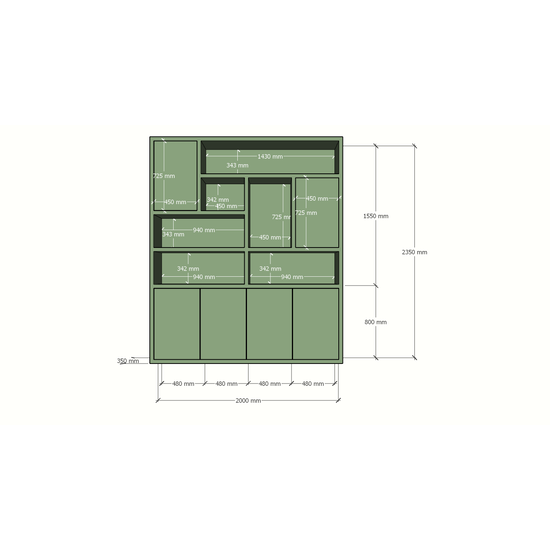 123schrank Pamploma Fächerschrank - 200x35x235H cm - 4cm Fachbodenstärke - schlankes Design - grifflose Türen im Oberschrank - offene Fächer - push to open Türen