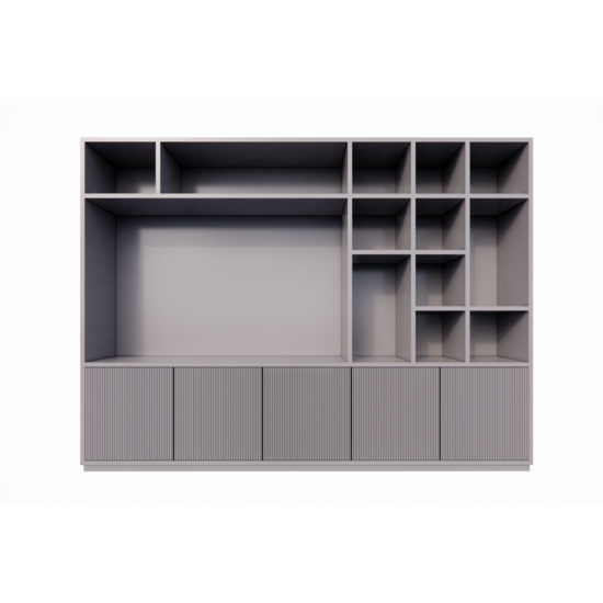 123schrank TV-Fachschrank Padua - 300x40x240H cm - 4cm Fachbodenstärke - mit Cinewall/Fernsehfach - schlankes Design - offene Fächer - 5 grifflose Push-to-open-Türen mit Bearbeitung - mit Kabelloch im TV-Fach