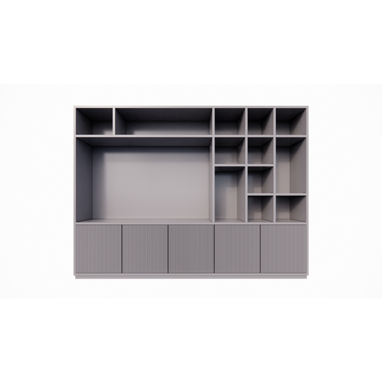 123schrank TV-Fachschrank Padua - 300x40x240H cm - 4cm Fachbodenstärke - mit Cinewall/Fernsehfach - schlankes Design - offene Fächer - 5 grifflose Push-to-open-Türen mit Bearbeitung - mit Kabelloch im TV-Fach