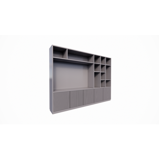 123schrank TV-Fachschrank Padua - 300x40x240H cm - 4cm Fachbodenstärke - mit Cinewall/Fernsehfach - schlankes Design - offene Fächer - 5 grifflose Push-to-open-Türen mit Bearbeitung - mit Kabelloch im TV-Fach