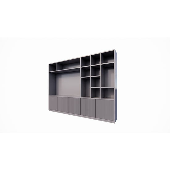 123schrank TV-Fachschrank Padua - 300x40x240H cm - 4cm Fachbodenstärke - mit Cinewall/Fernsehfach - schlankes Design - offene Fächer - 5 grifflose Push-to-open-Türen mit Bearbeitung - mit Kabelloch im TV-Fach