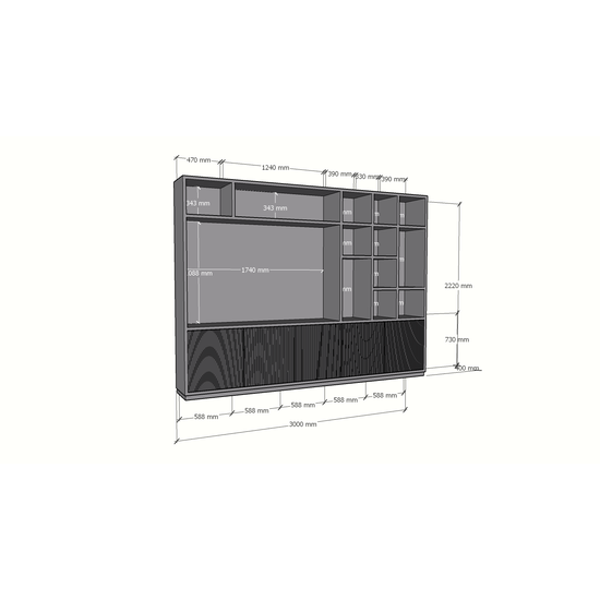 123schrank TV-Fachschrank Padua - 300x40x240H cm - 4cm Fachbodenstärke - mit Cinewall/Fernsehfach - schlankes Design - offene Fächer - 5 grifflose Push-to-open-Türen mit Bearbeitung - mit Kabelloch im TV-Fach