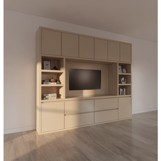 123schrank TV-Fachschrank Biarritz - 260x40x220H cm - TV-Fach - Cinewall - push to open Türen - grifflose Soft-Close-Schubladen - offene Fächer - schlankes Design - 5cm Fachboden- und Rahmenstärke