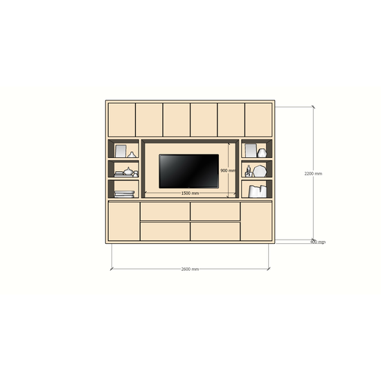 123schrank TV-Fachschrank Biarritz - 260x40x220H cm - TV-Fach - Cinewall - push to open Türen - grifflose Soft-Close-Schubladen - offene Fächer - schlankes Design - 5cm Fachboden- und Rahmenstärke
