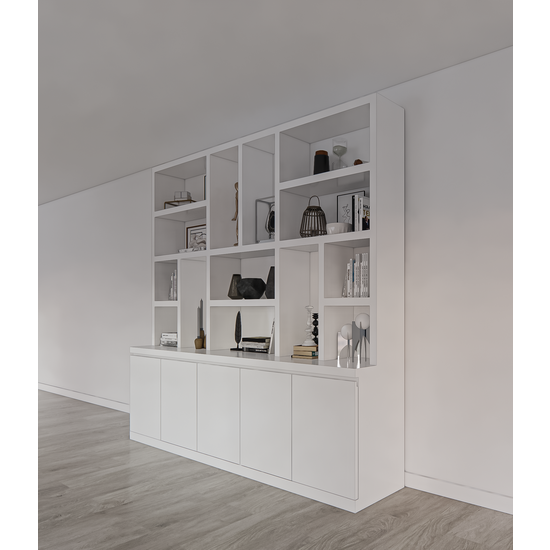 123schrank Sineu Fächerschrank - 250x30/50x240H cm - flacher Oberschrank - schlankes Design - 5 grifflose Türen - offene Fächer - 5cm Fachbodenstärke