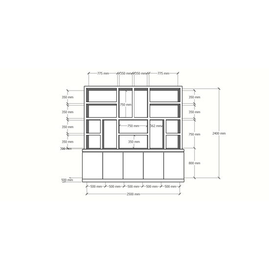 123schrank Sineu Fächerschrank - 250x30/50x240H cm - flacher Oberschrank - schlankes Design - 5 grifflose Türen - offene Fächer - 5cm Fachbodenstärke